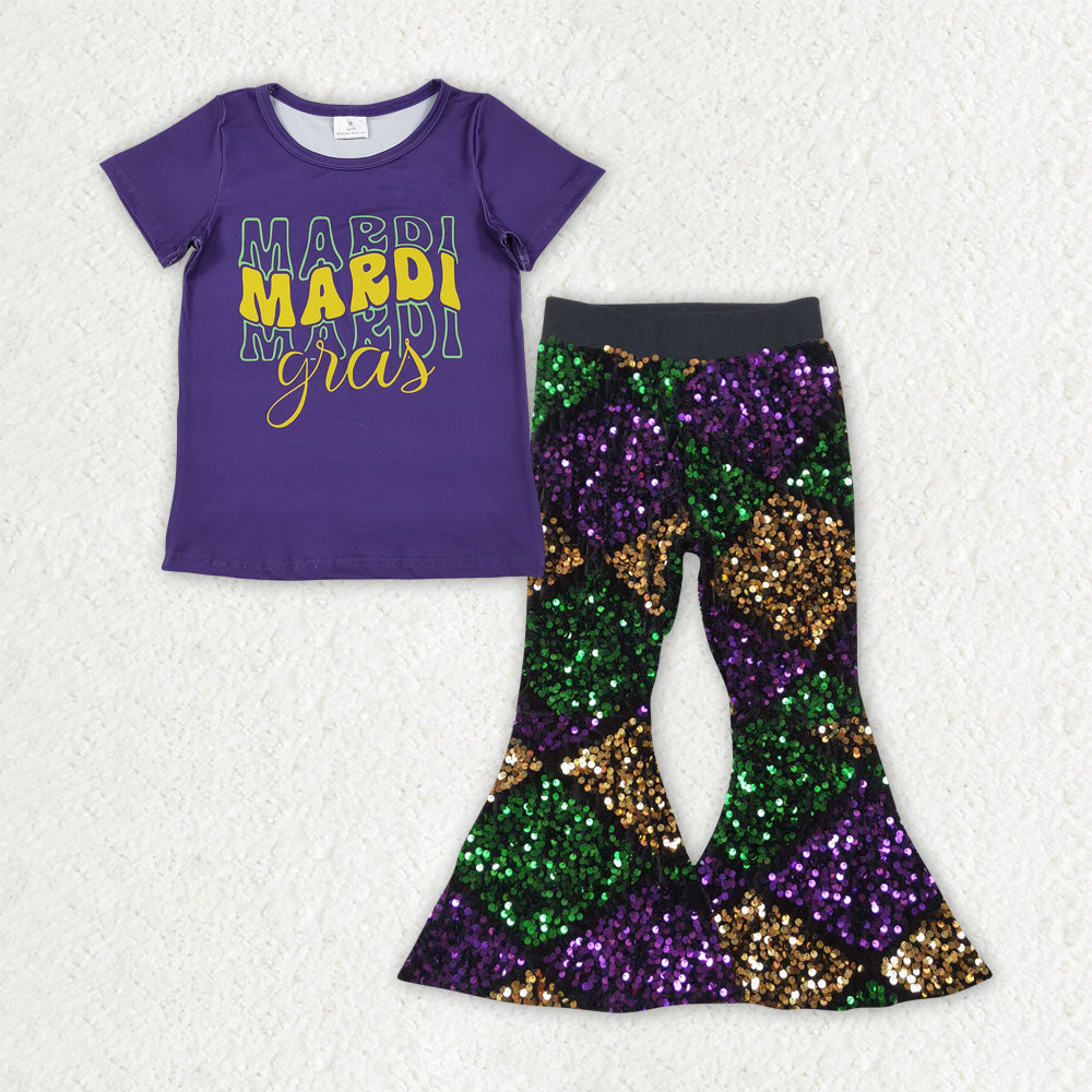 GSPO2182 Mardi Gras Letter Purple Short Sleeve Plaid Sequin Bell Bottom Pants Girls Sets 202511 RTS