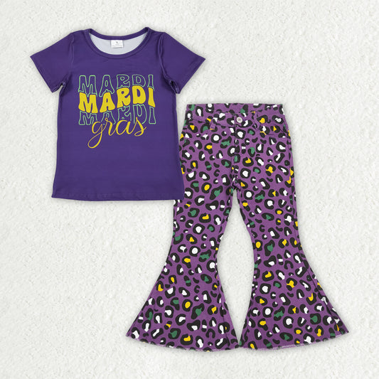 GSPO2187 Mardi Gras Letter Purple Short Sleeve Leopard Denim Bell Bottom Pants Girls Sets 202511 RTS