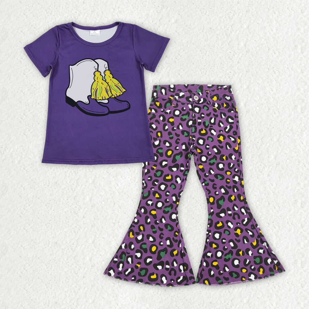 GSPO2188 Mardi Gras Boots Purple Short Sleeve Leopard Denim Bell Bottom Pants Girls Sets 202511 RTS