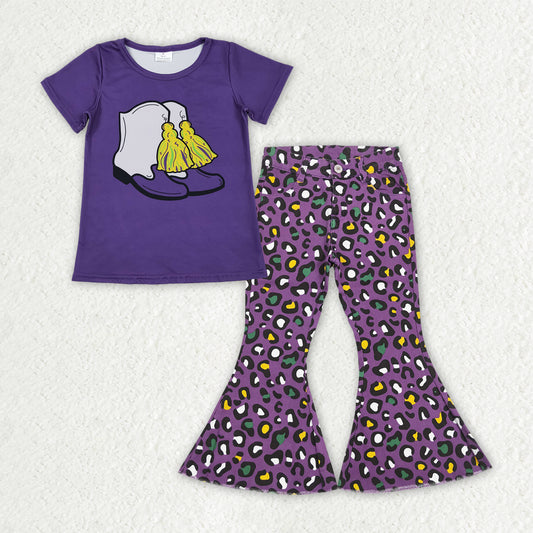 GSPO2188 Mardi Gras Boots Purple Short Sleeve Leopard Denim Bell Bottom Pants Girls Sets 202511 RTS