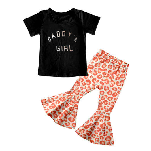 MOQ 5 PCS Preorder GSPO2193 DADDY'S GIRL Black Short Sleeve Orange Leopard Bell Bottom Pants Girls Sets 202511