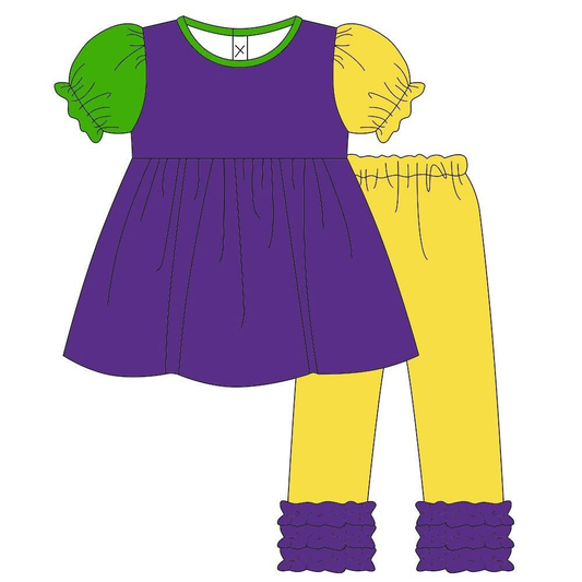 MOQ 5 PCS Preorder GSPO2197 Mardi Gras Purple Yellow Green Short Sleeve Pants Girls Pajama Set 202511