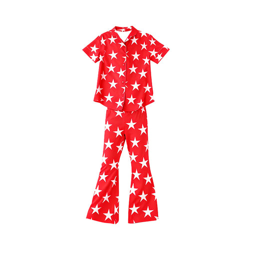 MOQ 5 PCS Preorder GSPO2200 4th of July Star Red Buttons Short Sleeve Pants Girls Pajama Set 202511