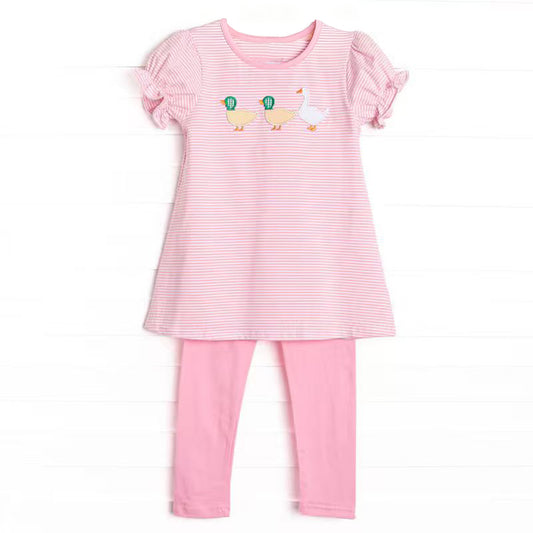 MOQ 5 PCS Preorder GSPO2202 Duck Goose Animal Pink Stripe Short Sleeve with Leggings Pants Girls Sets 202511