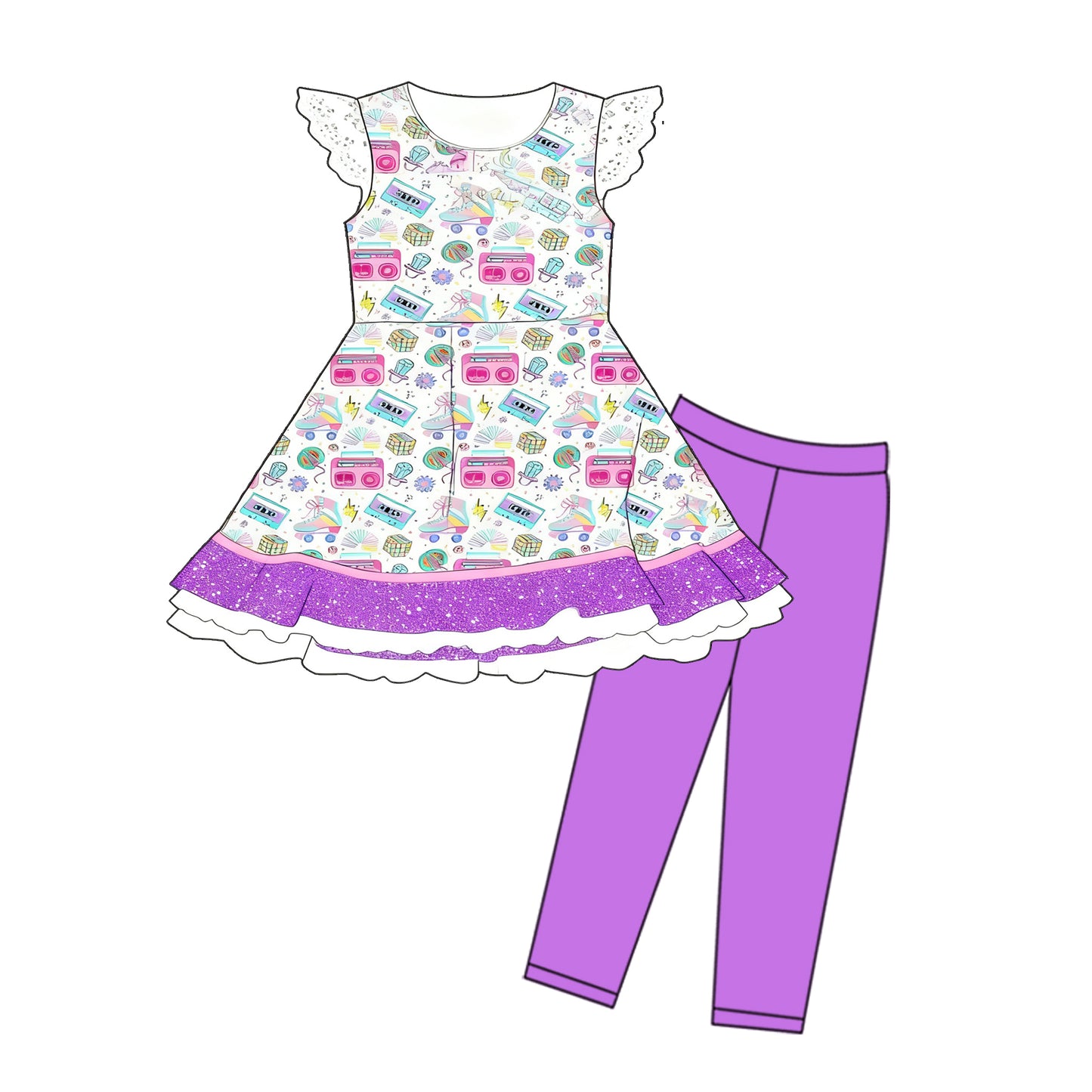 MOQ 5 PCS Preorder GSPO2203 CD Magic Cube Roller Skates Flying Sleeve Purple Pants Girls Sets 202511