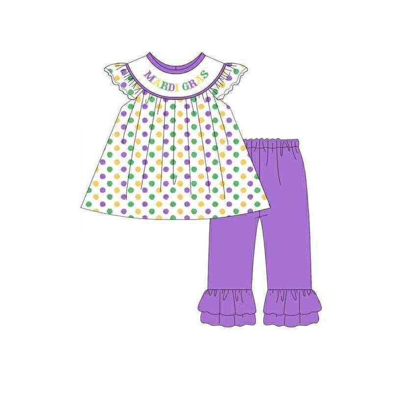 MOQ 5 PCS Preorder GSPO2205 Mardi Gras Colored Dots Flying Sleeve Purple Pants Girls Sets 202511