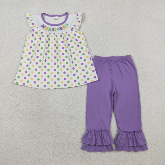 GSPO2205 Embroidered Mardi Gras Colored Dots Flying Sleeve Purple Pants Girls Sets 202601 RTS