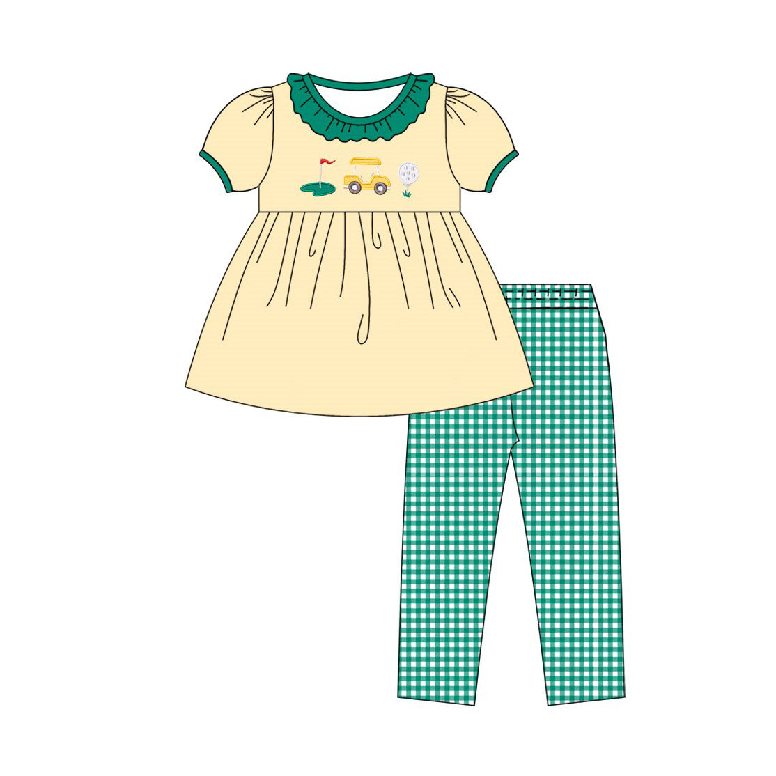 MOQ 5 PCS Preorder GSPO2207 Golf Green Ruffle Beige Short Sleeve Plaid Pants Girls Sets 202511