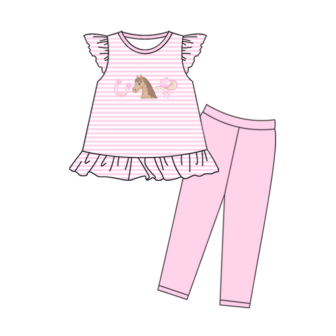 MOQ 5 PCS Preorder GSPO2209 Horse Cowgirl Hat Pink Stripe Flying Sleeve Pants Girls Sets 202511