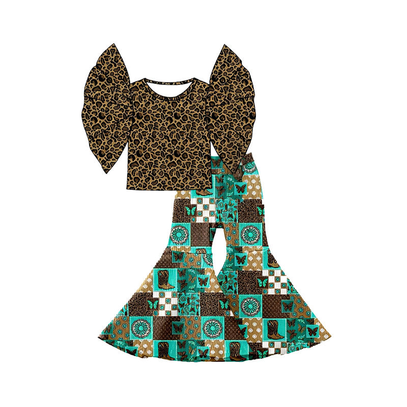 MOQ 5 PCS Preorder GSPO2211 Brown Leopard Flying Sleeve Boots Butterfly Plaid Bell Bottom Pants Girls Sets 202511