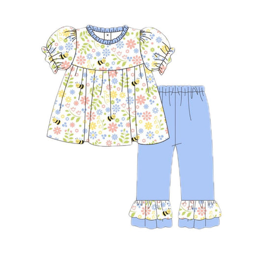 MOQ 5 PCS Preorder GSPO2213 Bee Flower Blue Ruffle Short Sleeve Pants Girls Sets 202511
