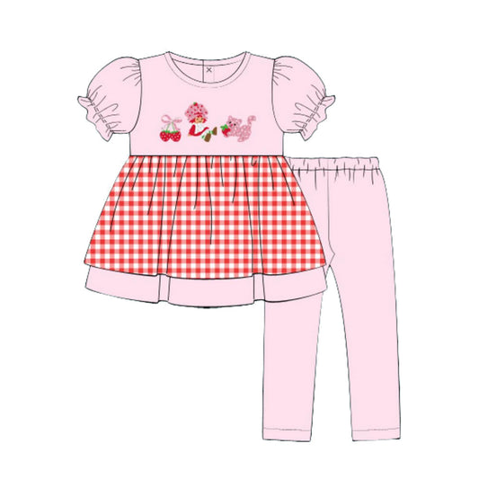 MOQ 5 PCS Preorder GSPO2217 Strawberry Girl Kitten Red Plaid Pink Short Sleeve Pants Girls Sets 202511