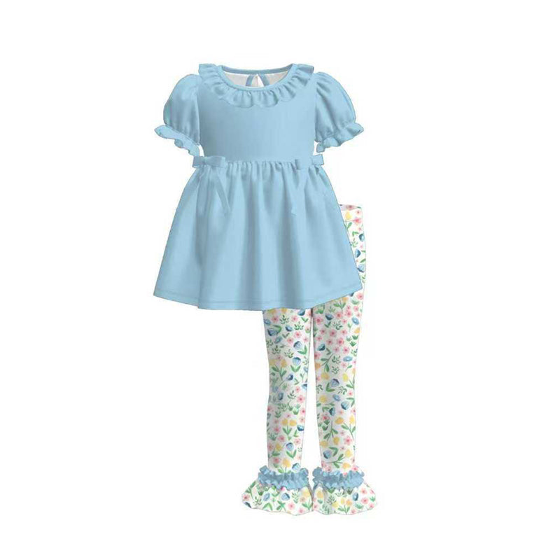 MOQ 5 PCS Preorder GSPO2225 Solid Blue Ruffle Short Sleeve Flower Leaf Pants Sweet Girls Sets 202511