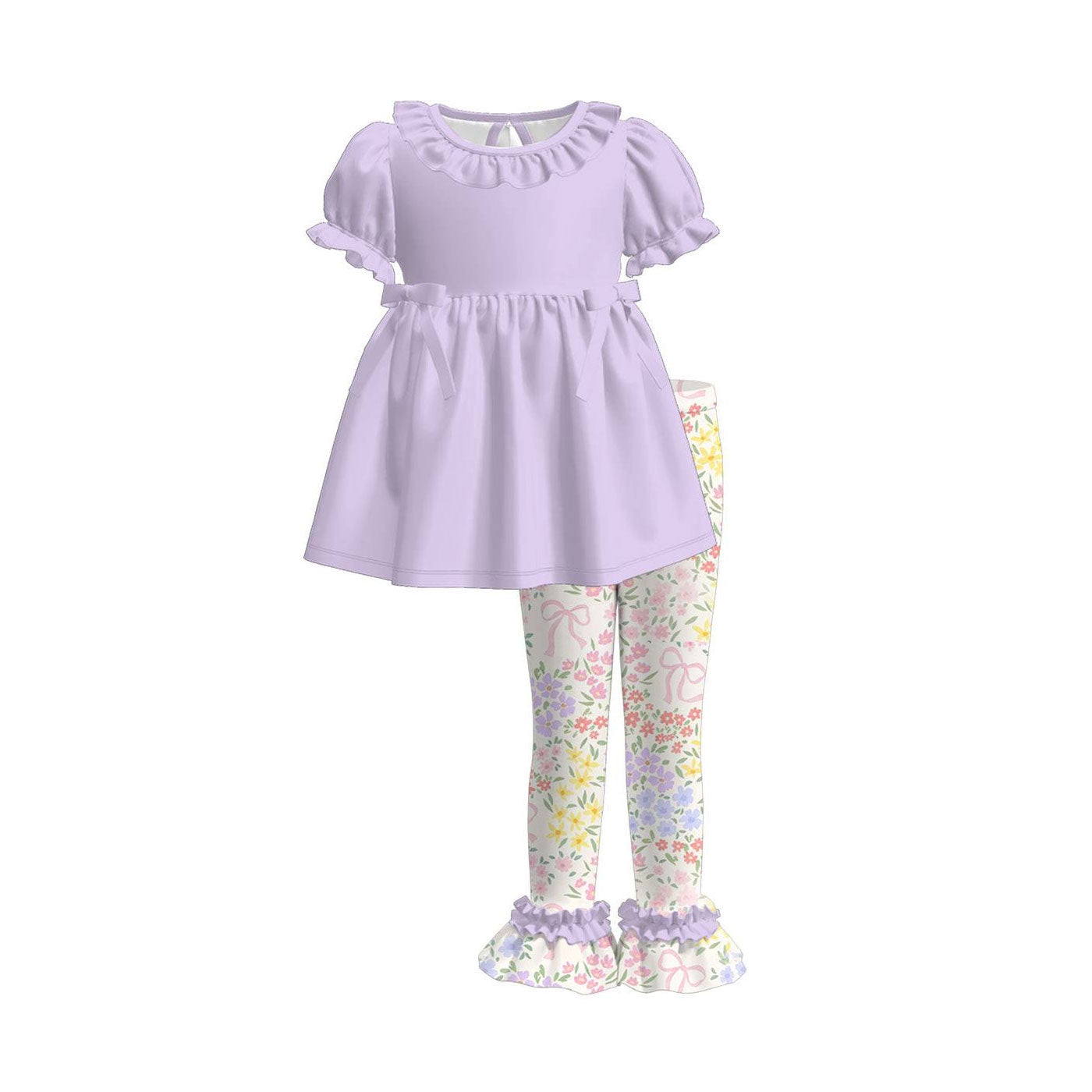 MOQ 5 PCS Preorder GSPO2226 Solid Purple Ruffle Short Sleeve Flower Bows Pants Sweet Girls Sets 202511