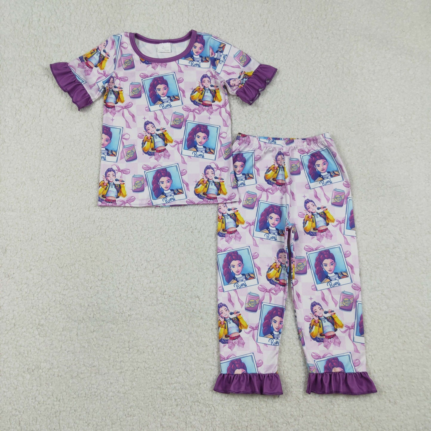 GSPO2228 K-POP Purple Ruffle Short Sleeve Pants Girls Pajama Set 202512 RTS