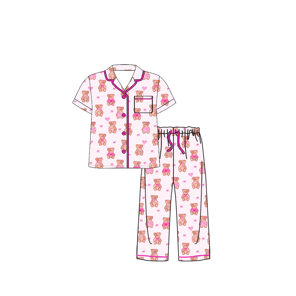 MOQ 5 PCS preorder GSPO2232 Adult Female Valentines Day Bear Love Pink Buttons Short Sleeve Pants Pajama Set 202511