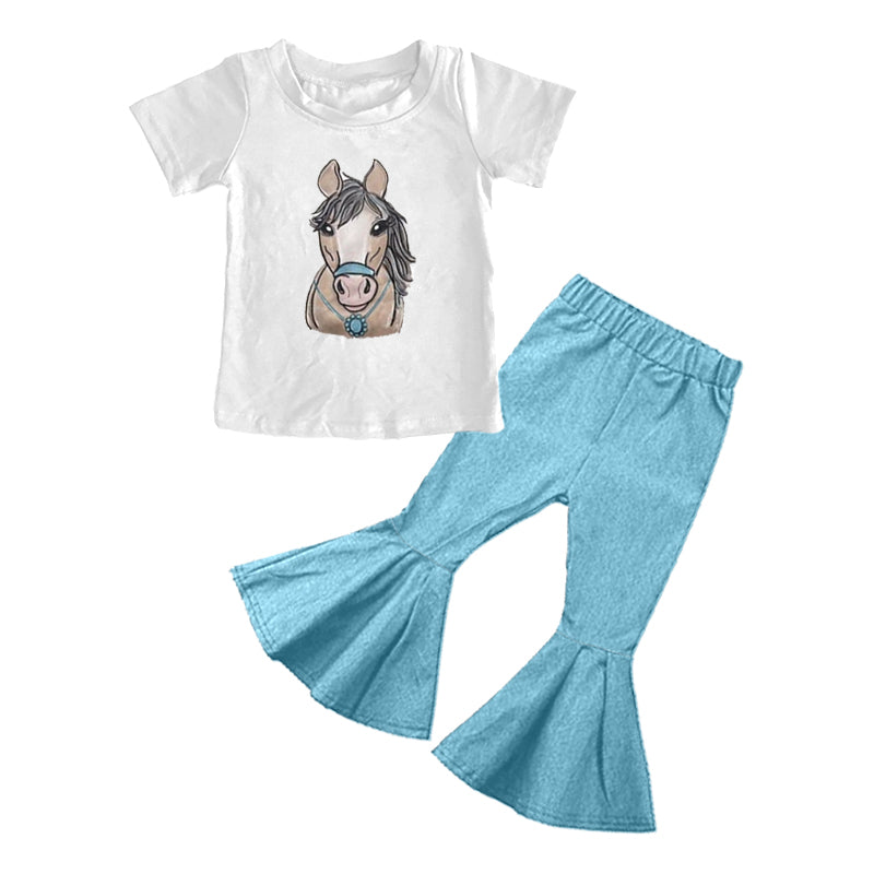 MOQ 5 PCS Preorder GSPO2235 Gemstone Horse Riding White Short Sleeve Blue Bell Bottom Pants Girls Sets 202512