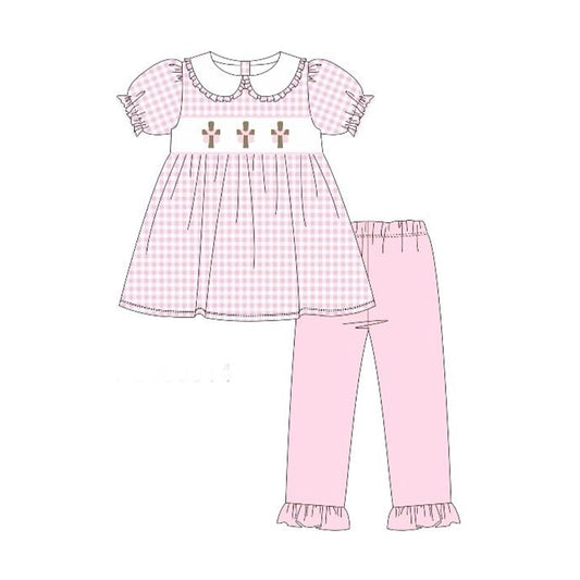 MOQ 5 PCS Preorder GSPO2242 Easter Cross Doll Collar Pink Plaid Short Sleeve Pants Girls Sets 202512