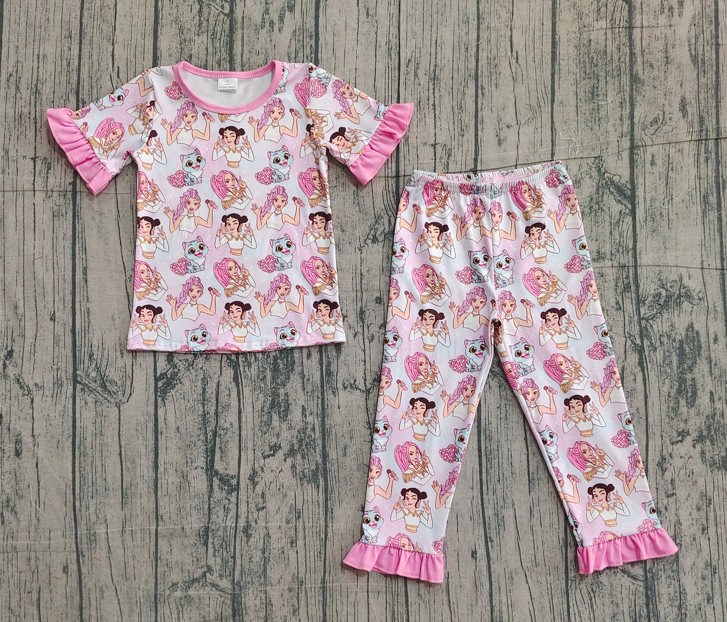 NO MOQ Preorder GSPO2248 K-POP Love Disco Pink Ruffle Short Sleeve Pants Girls Pajama Set 202512