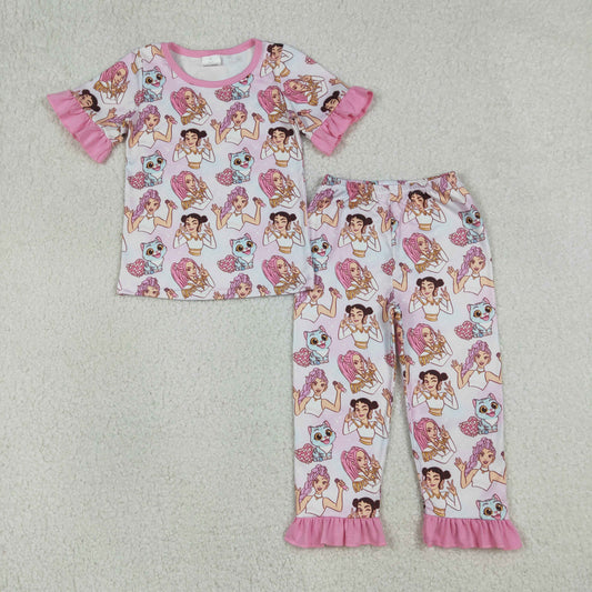 GSPO2248 K-POP Love Disco Pink Ruffle Short Sleeve Pants Girls Pajama Set 202601 RTS