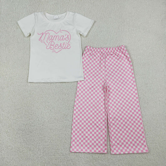 GSPO2249 MAMA'S BESTIE White Short Sleeve Pink Plaid Pants Girls Sets 20260119 RTS