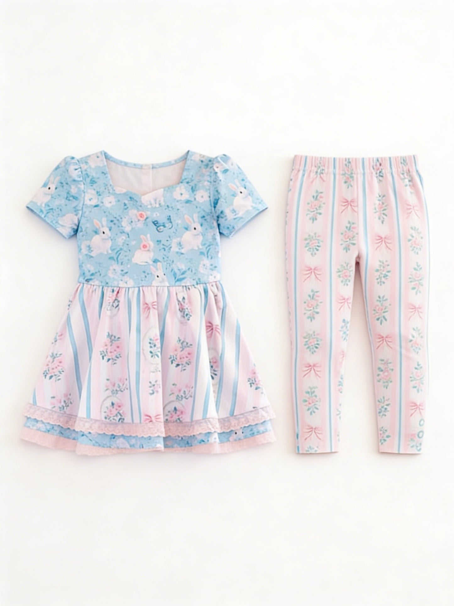 MOQ 5 PCS Preorder GSPO2252 Easter Bunny Flower Pink Blue Ruffle Short Sleeve Pants Girls Sets 202512