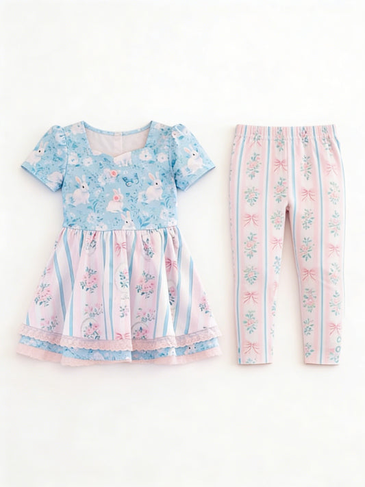 MOQ 5 PCS Preorder GSPO2252 Easter Bunny Flower Pink Blue Ruffle Short Sleeve Pants Girls Sets 202512