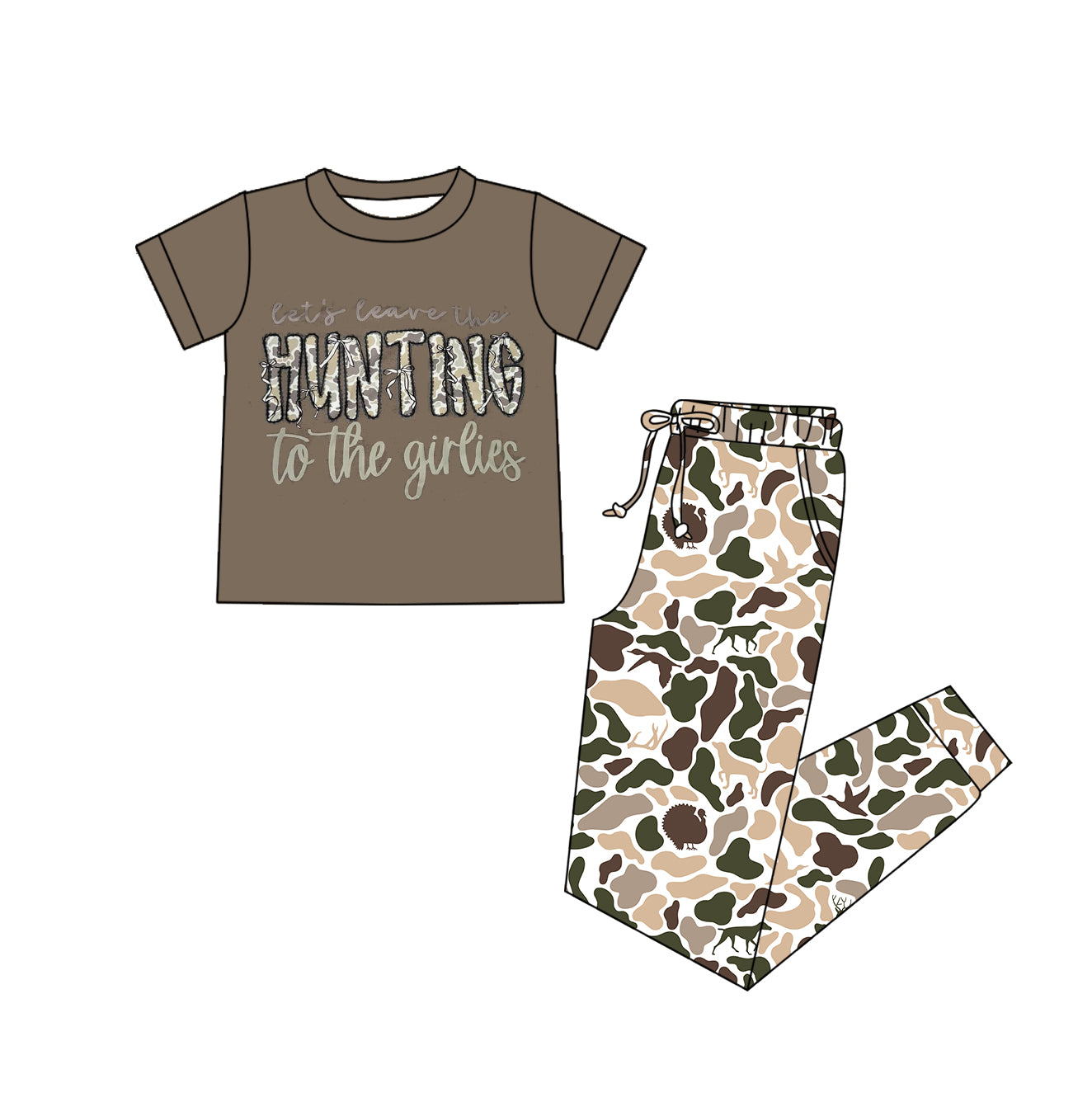 MOQ 5 PCS preorder GSPO2255 Adult Female Hunting Letter Camouflage Short Sleeve Pants Sets 202512