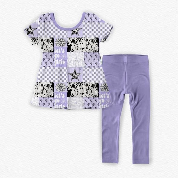 MOQ 5 PCS Preorder GSPO2259 Let's Go Girls Cactus Plaid Five-Pointed Star Plaid Purple Short Sleeve Pants Girls Sets 202512