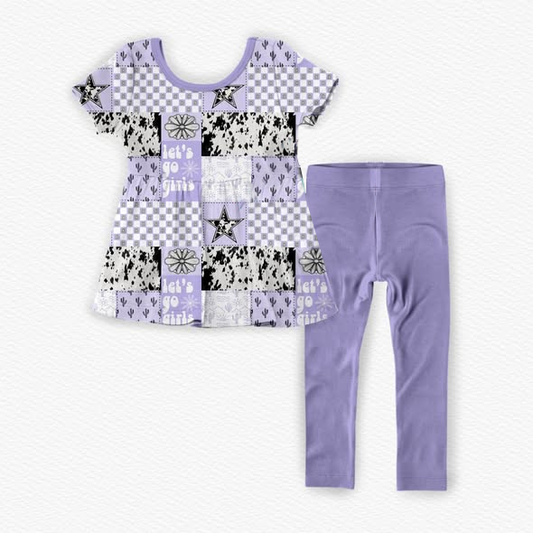 MOQ 5 PCS Preorder GSPO2259 Let's Go Girls Cactus Plaid Five-Pointed Star Plaid Purple Short Sleeve Pants Girls Sets 202512