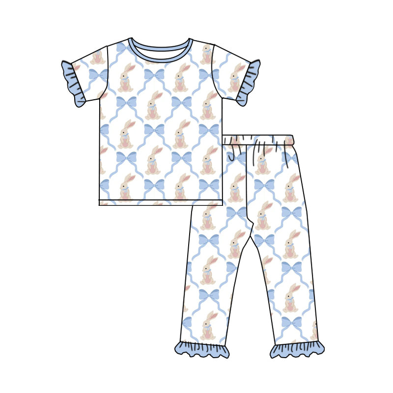 MOQ 5 PCS Preorder GSPO2260 Easter Bunny Bows Blue Ruffle Short Sleeve Pants Girls Pajama Set 202512