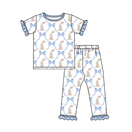 MOQ 5 PCS Preorder GSPO2260 Easter Bunny Bows Blue Ruffle Short Sleeve Pants Girls Pajama Set 202512