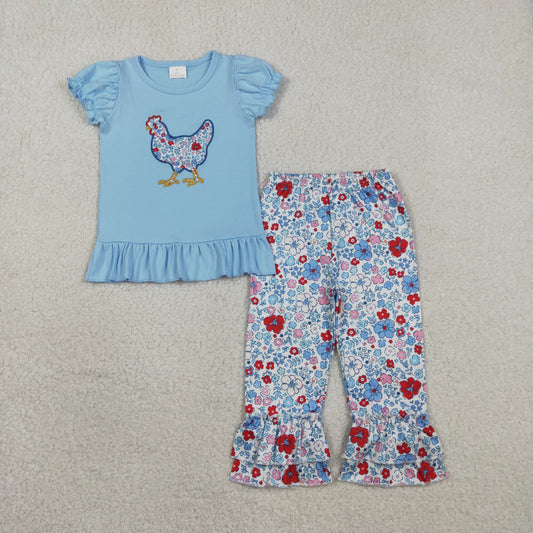 GSPO2261 Embroidered Chick Floral Blue Ruffle Short Sleeve Pants Girls Sets 202601 RTS