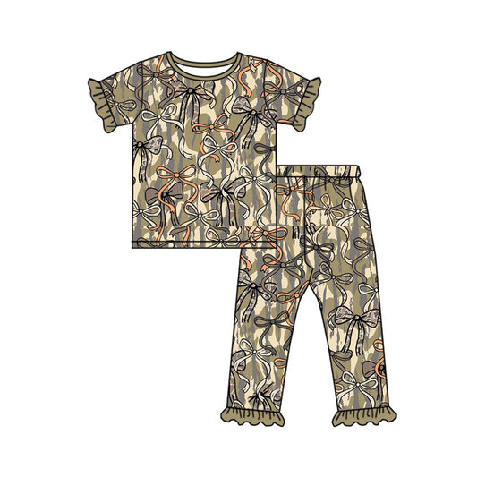 MOQ 5 PCS Preorder GSPO2264 Bows Camouflage Army Green Ruffle Short Sleeve Pants Girls Pajama Set 202512
