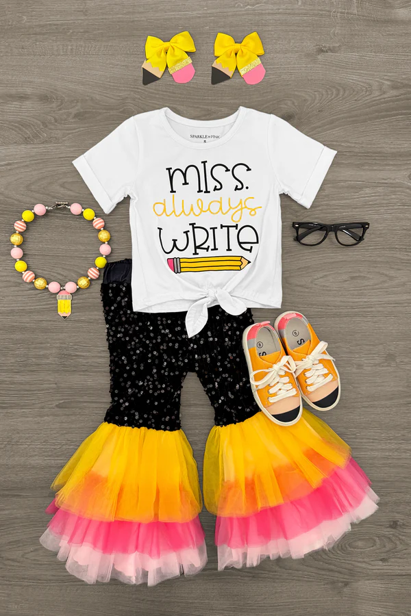MOQ 5 PCS Preorder GSPO2265 Back to School Miss Letter White Short Sleeve Colorful Tulle Black Sequin Pants Girls Sets 202512