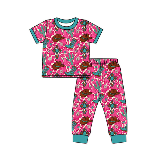 MOQ 5 PCS Preorder GSPO2267 Cowgirl Cactus Hat Boots Rose Red Short Sleeve Pants Girls Pajama Set 202512