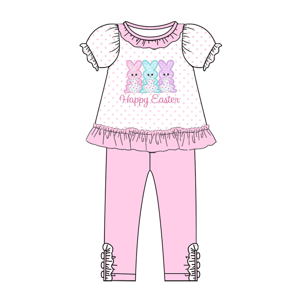 MOQ 5 PCS Preorder GSPO2270 Easter Bunny Eggs Dots Pink Ruffle Short Sleeve Pants Girls Sets 202512