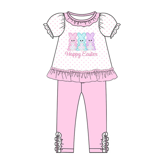 MOQ 5 PCS Preorder GSPO2270 Easter Bunny Eggs Dots Pink Ruffle Short Sleeve Pants Girls Sets 202512