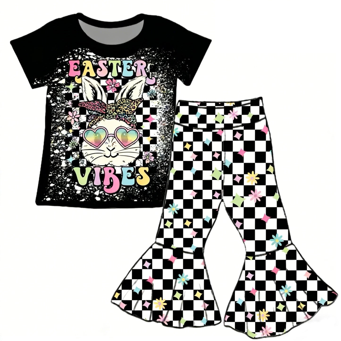MOQ 5 PCS Preorder GSPO2271 Easter Bunny Black Short Sleeve Plaid Bell Bottom Pants Girls Sets 202512