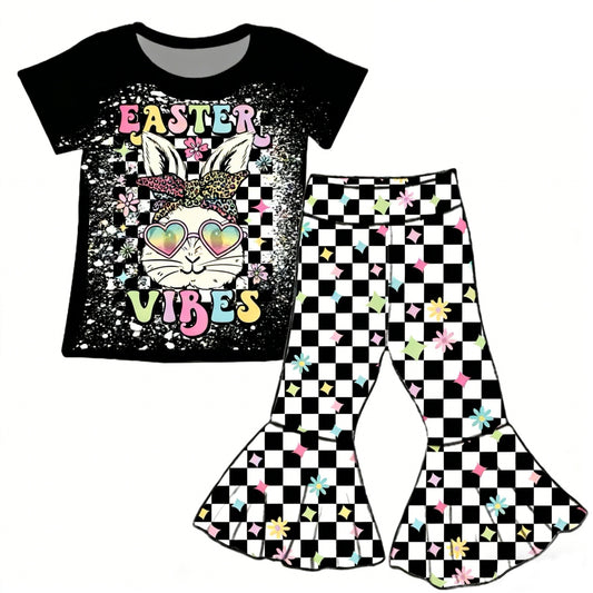MOQ 5 PCS Preorder GSPO2271 Easter Bunny Black Short Sleeve Plaid Bell Bottom Pants Girls Sets 202512