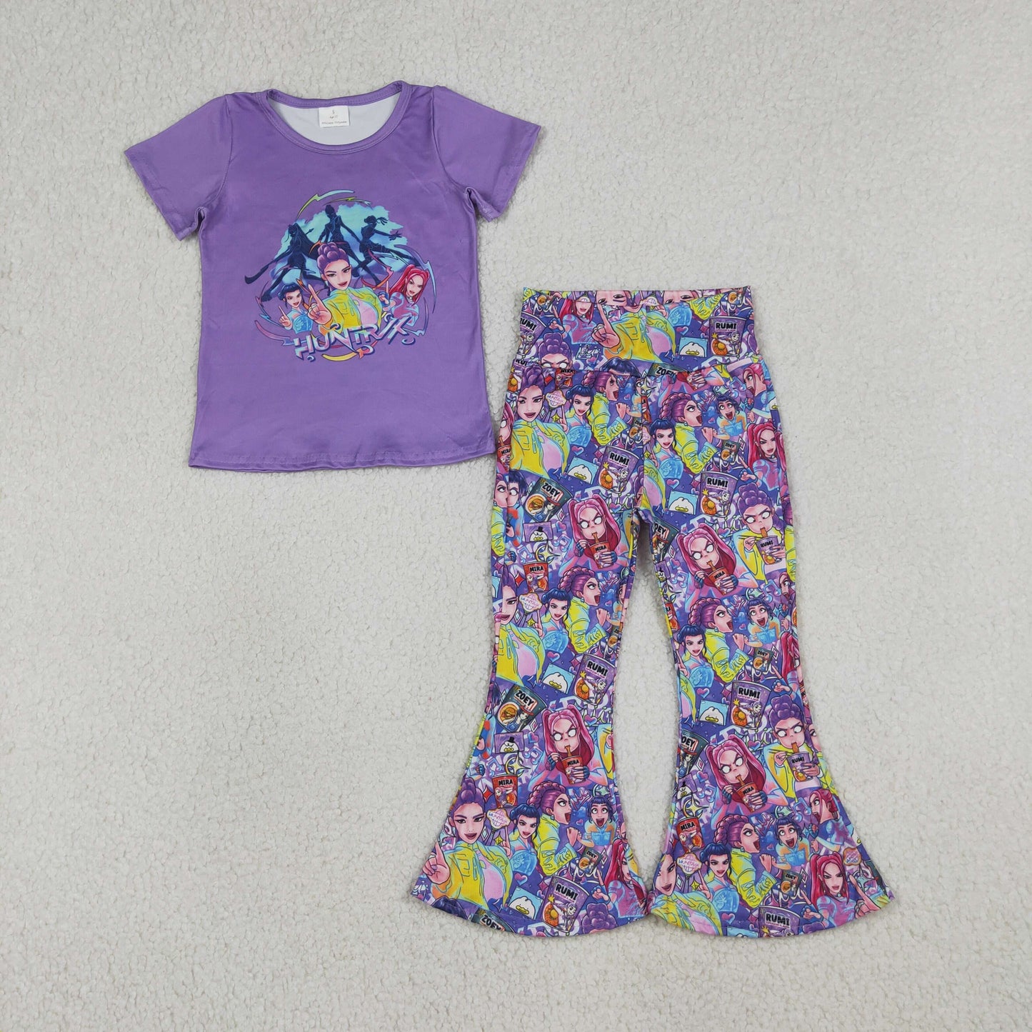 GSPO2272 K-POP Purple Short Sleeve Bell Bottom Pants Girls Sets 202604 RTS