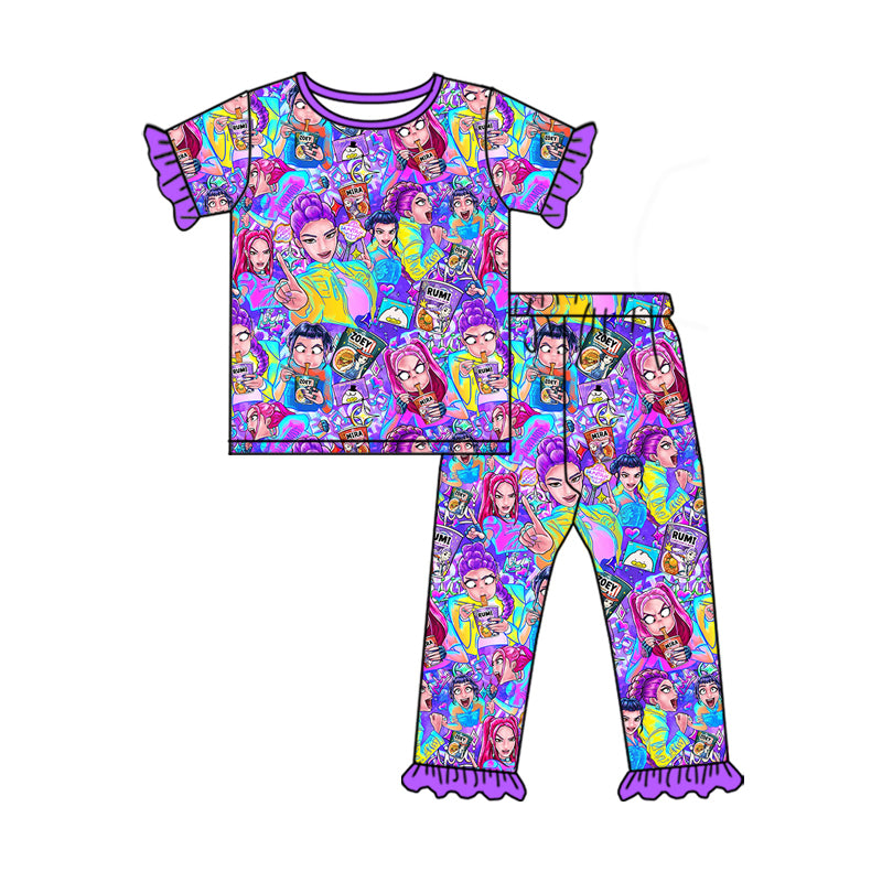 MOQ 5 PCS Preorder GSPO2273 K-POP Purple Ruffle Short Sleeve Pants Girls Pajama Set 202512