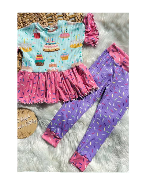 MOQ 5 PCS Preorder GSPO2275 Birthday Cake Ice Cream Short Sleeve Pants Girls Sets 202512