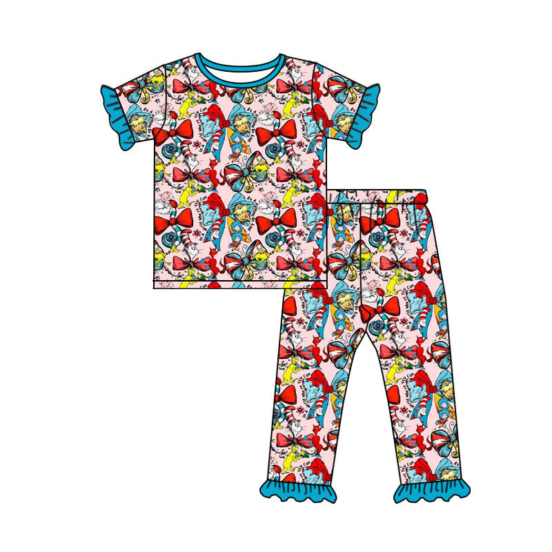 MOQ 5 PCS Preorder GSPO2276 Dr. Seuss Bows Blue Ruffle Short Sleeve Pants Girls Pajama Set 202512