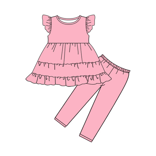 MOQ 5 PCS Preorder GSPO2277 Solid Pink Ruffle Flying Sleeve Pants Girls Sets 202512