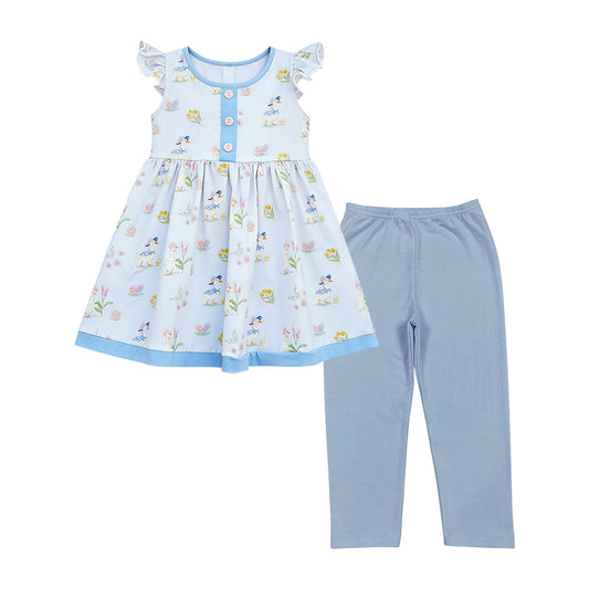 MOQ 5 PCS Preorder GSPO2280 Goose Flower Blue Flying Sleeve Pants Girls Sets 202601