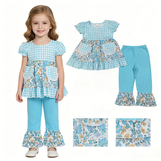 GSPO2282 Flower Blue Plaid Pocket Short Sleeve Pants Girls Sets 202604 RTS