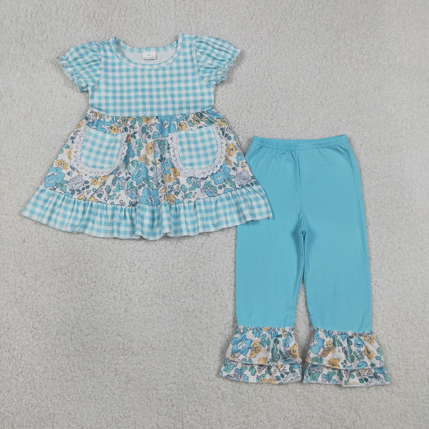 GSPO2282 Flower Blue Plaid Pocket Short Sleeve Pants Girls Sets 202604 RTS