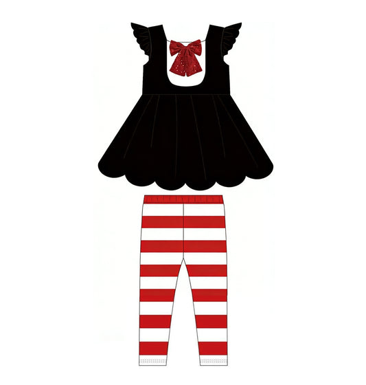 MOQ 5 PCS Preorder GSPO2283 Red Bow Black Flying Sleeve Stripe Pants Girls Sets 202601