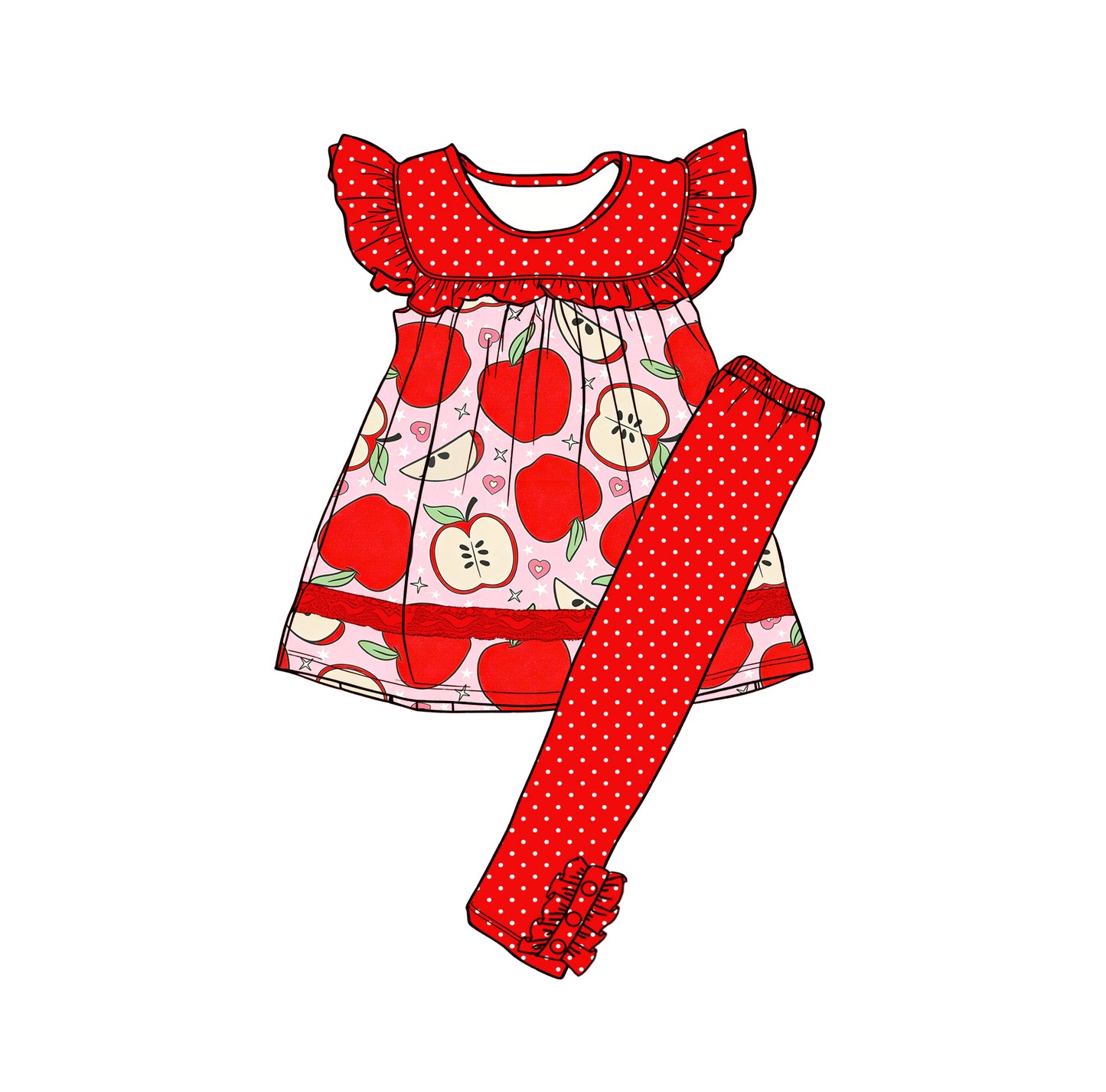 MOQ 5 PCS Preorder GSPO2284 Back to School Apple Heart Polka Dots Red Flying Sleeve Pants Girls Sets 202601